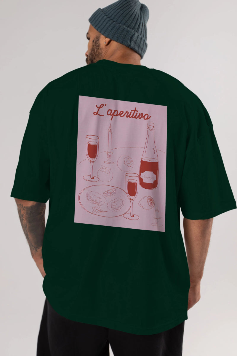 Şampanya L'aperitivo Arka Baskılı Oversize t-shirt Erkek Kadın Unisex %100 Pamuk Bisiklet Yaka tişort - Cilexi