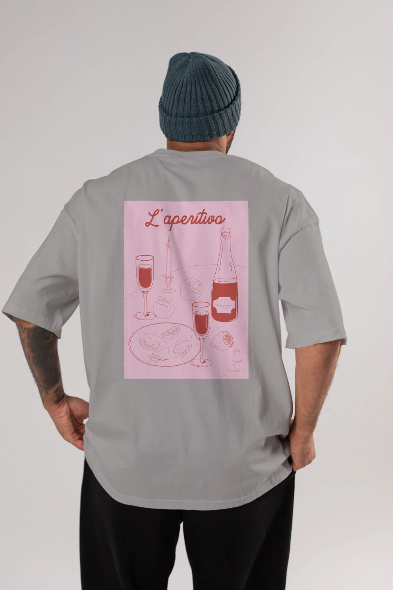 Şampanya L'aperitivo Arka Baskılı Oversize t-shirt Erkek Kadın Unisex %100 Pamuk Bisiklet Yaka tişort - Cilexi