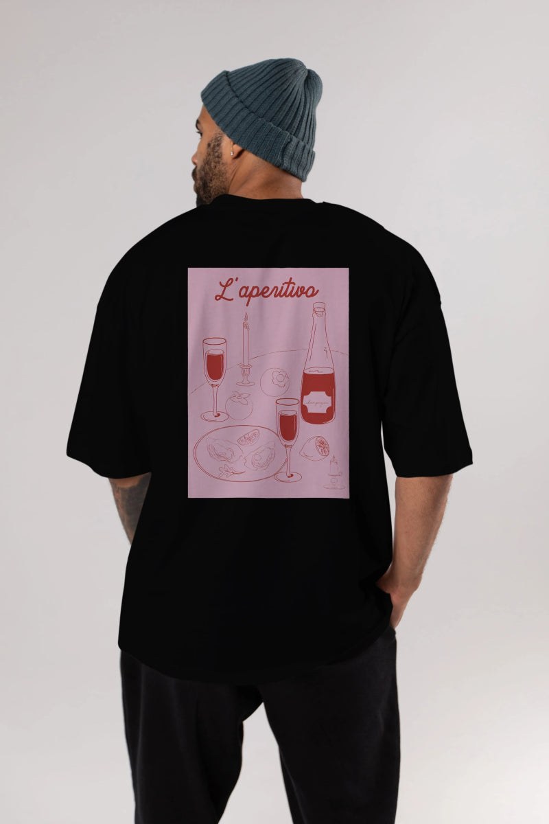 Şampanya L'aperitivo Arka Baskılı Oversize t-shirt Erkek Kadın Unisex %100 Pamuk Bisiklet Yaka tişort - Cilexi