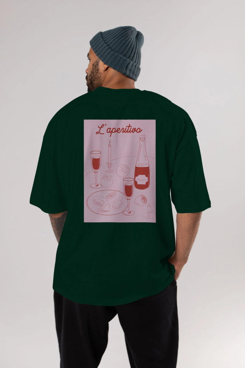 Şampanya L'aperitivo Arka Baskılı Oversize t-shirt Erkek Kadın Unisex %100 Pamuk Bisiklet Yaka tişort - Cilexi