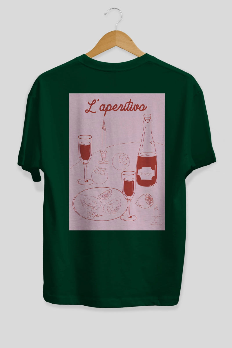 Şampanya L'aperitivo Arka Baskılı Oversize t-shirt Erkek Kadın Unisex %100 Pamuk Bisiklet Yaka tişort - Cilexi