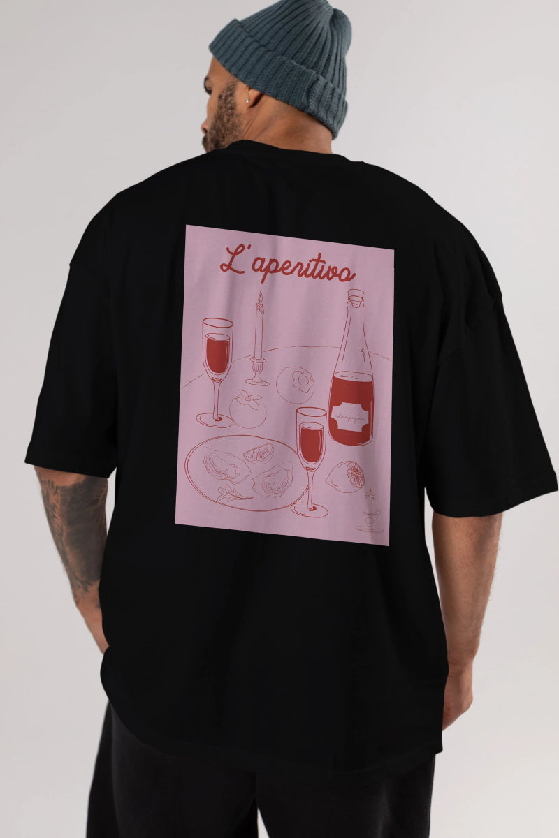 Şampanya L'aperitivo Arka Baskılı Oversize t-shirt Erkek Kadın Unisex %100 Pamuk Bisiklet Yaka tişort - Cilexi