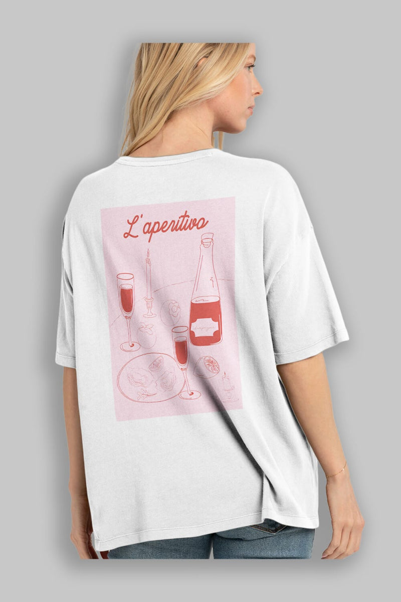 Şampanya L'aperitivo Arka Baskılı Oversize t-shirt Erkek Kadın Unisex %100 Pamuk Bisiklet Yaka tişort - Cilexi