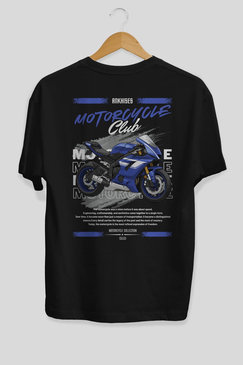 Motosiklet Serisi 32 Arka Baskılı Oversize t-shirt Erkek Kadın %100 Pamuk Bisiklet Yaka tişort