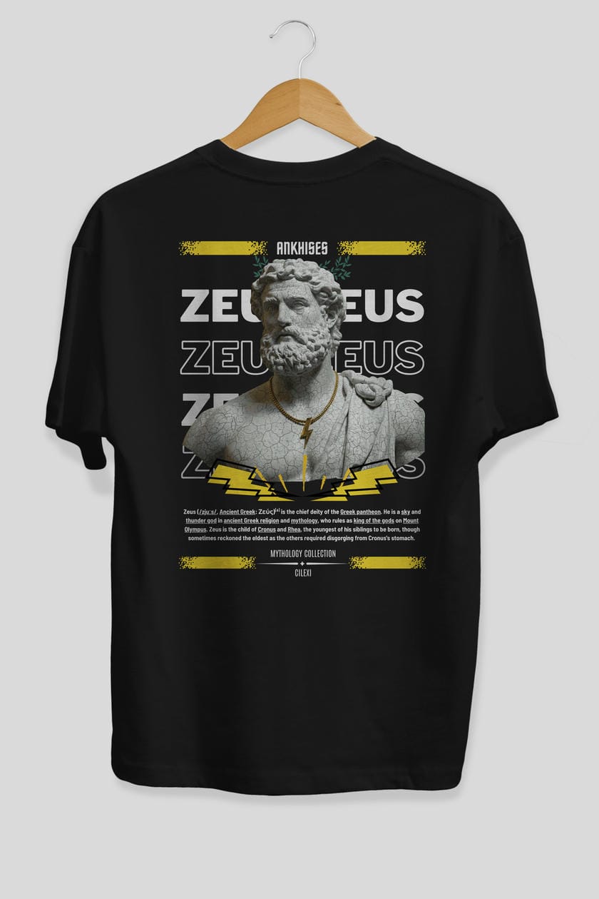 Zeus 3 Arka Baskılı Oversize t-shirt Erkek Kadın %100 Pamuk Bisiklet Yaka tişort