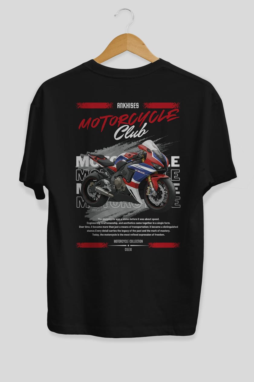 Motosiklet Serisi 3 Arka Baskılı Oversize t-shirt Erkek Kadın %100 Pamuk Bisiklet Yaka tişort