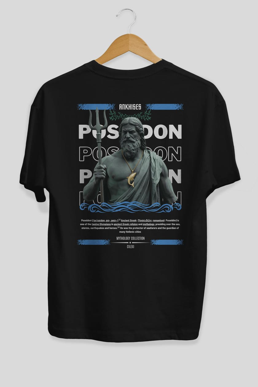 Poseidon 2 Arka Baskılı Oversize t-shirt Erkek Kadın %100 Pamuk Bisiklet Yaka tişort