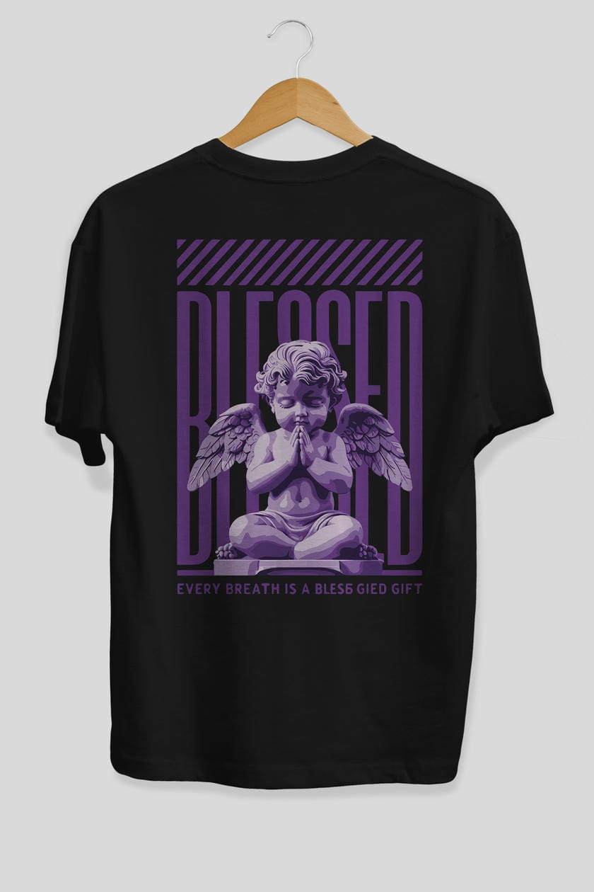 Blessed Arka Baskılı Oversize t-shirt Erkek Kadın %100 Pamuk Bisiklet Yaka tişort