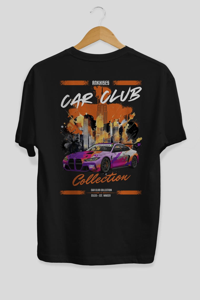 Araba Club Serisi 4 Baskılı Oversize t-shirt Erkek Kadın %100 Pamuk Bisiklet Yaka tişort
