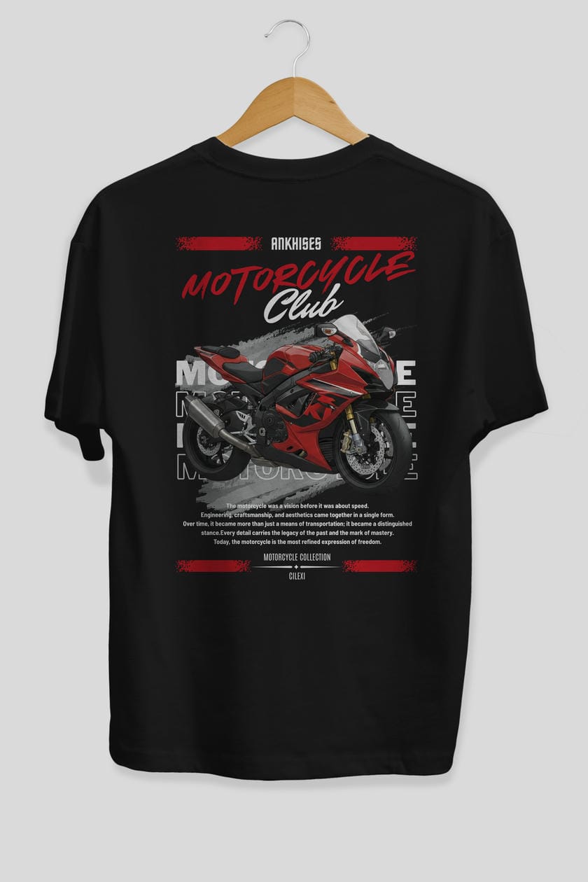Motosiklet Serisi 5 Arka Baskılı Oversize t-shirt Erkek Kadın %100 Pamuk Bisiklet Yaka tişort