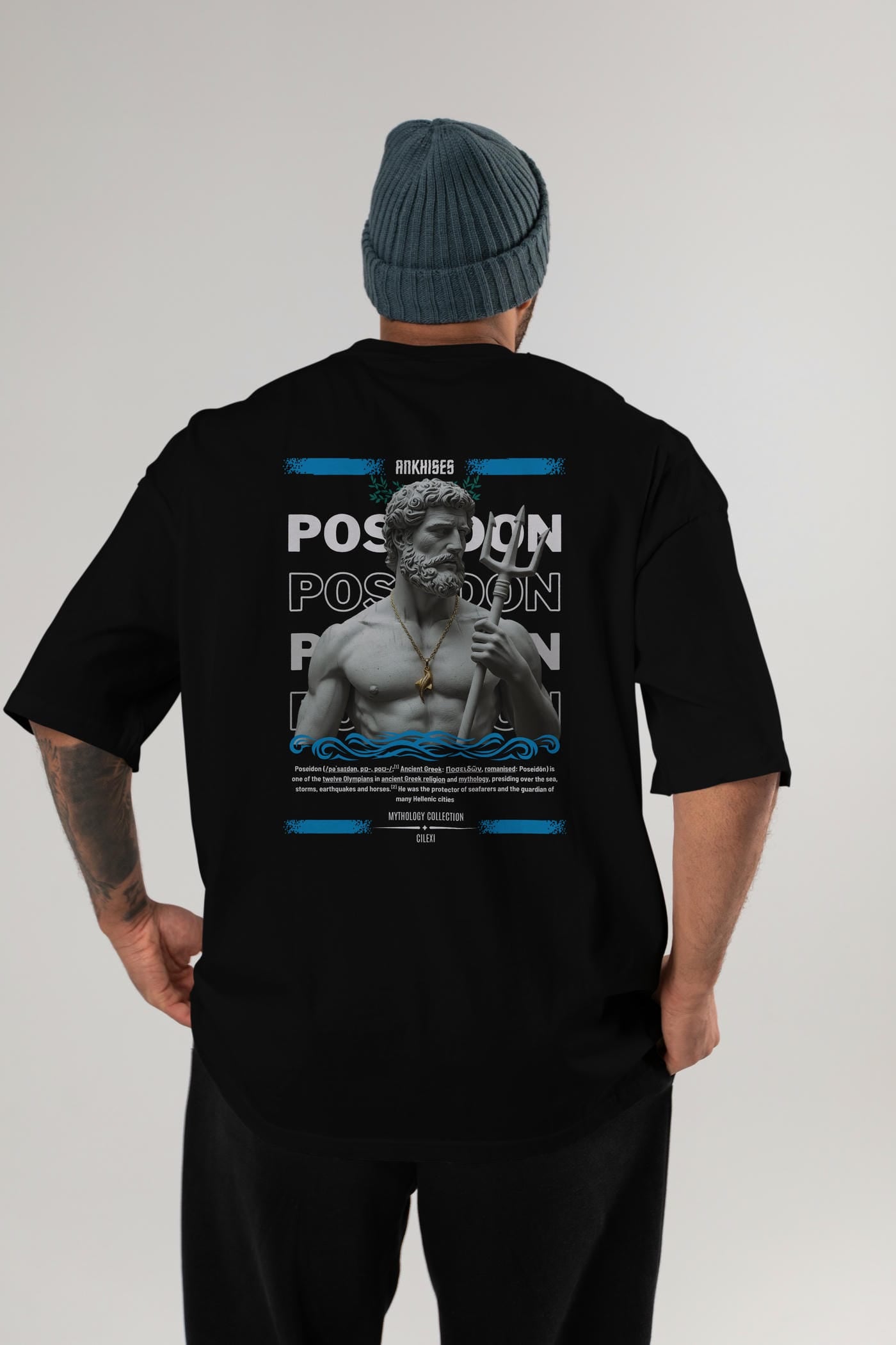 Poseidon 3 Arka Baskılı Oversize t-shirt Erkek Kadın %100 Pamuk Bisiklet Yaka tişort