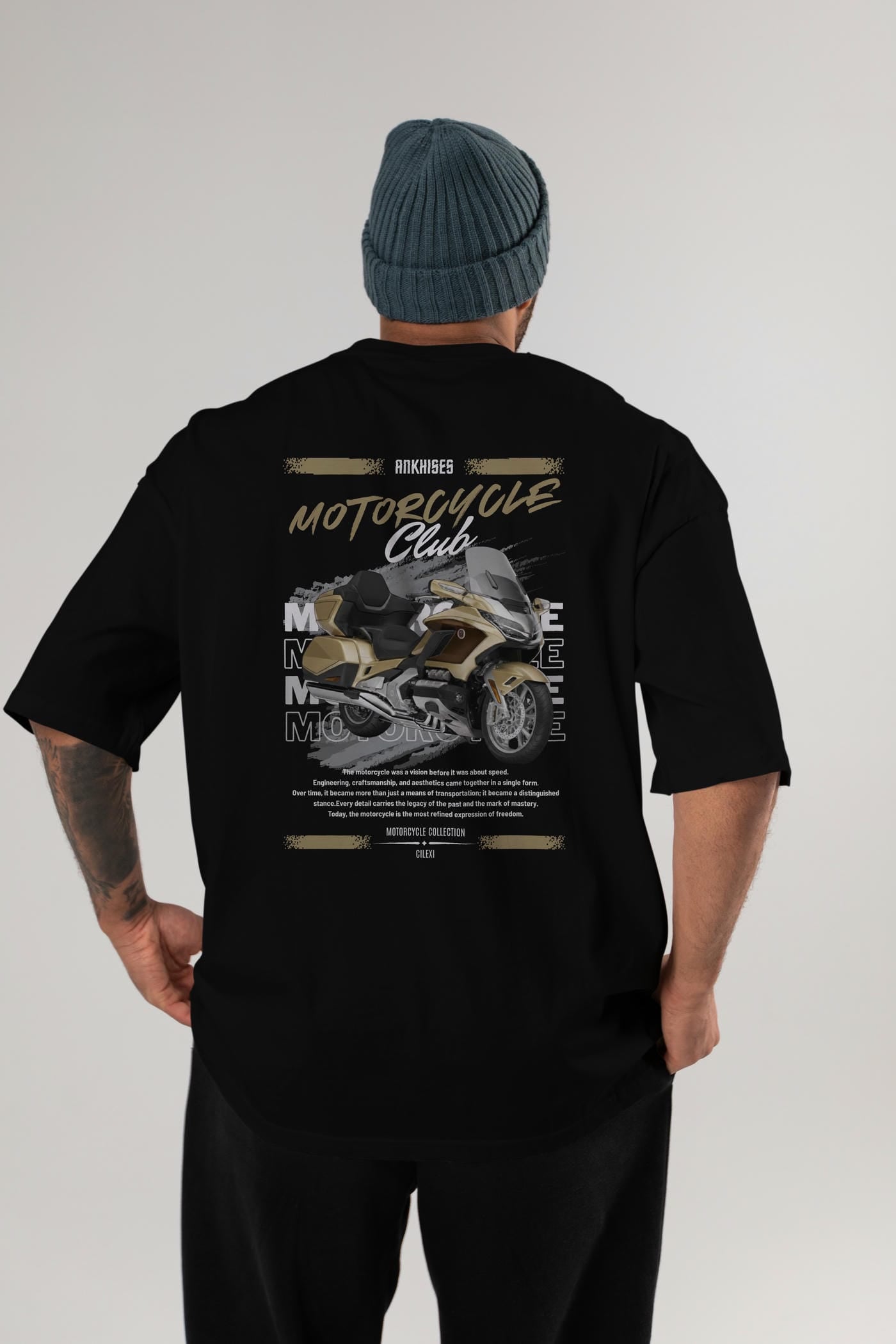 Motosiklet Serisi 28 Arka Baskılı Oversize t-shirt Erkek Kadın %100 Pamuk Bisiklet Yaka tişort