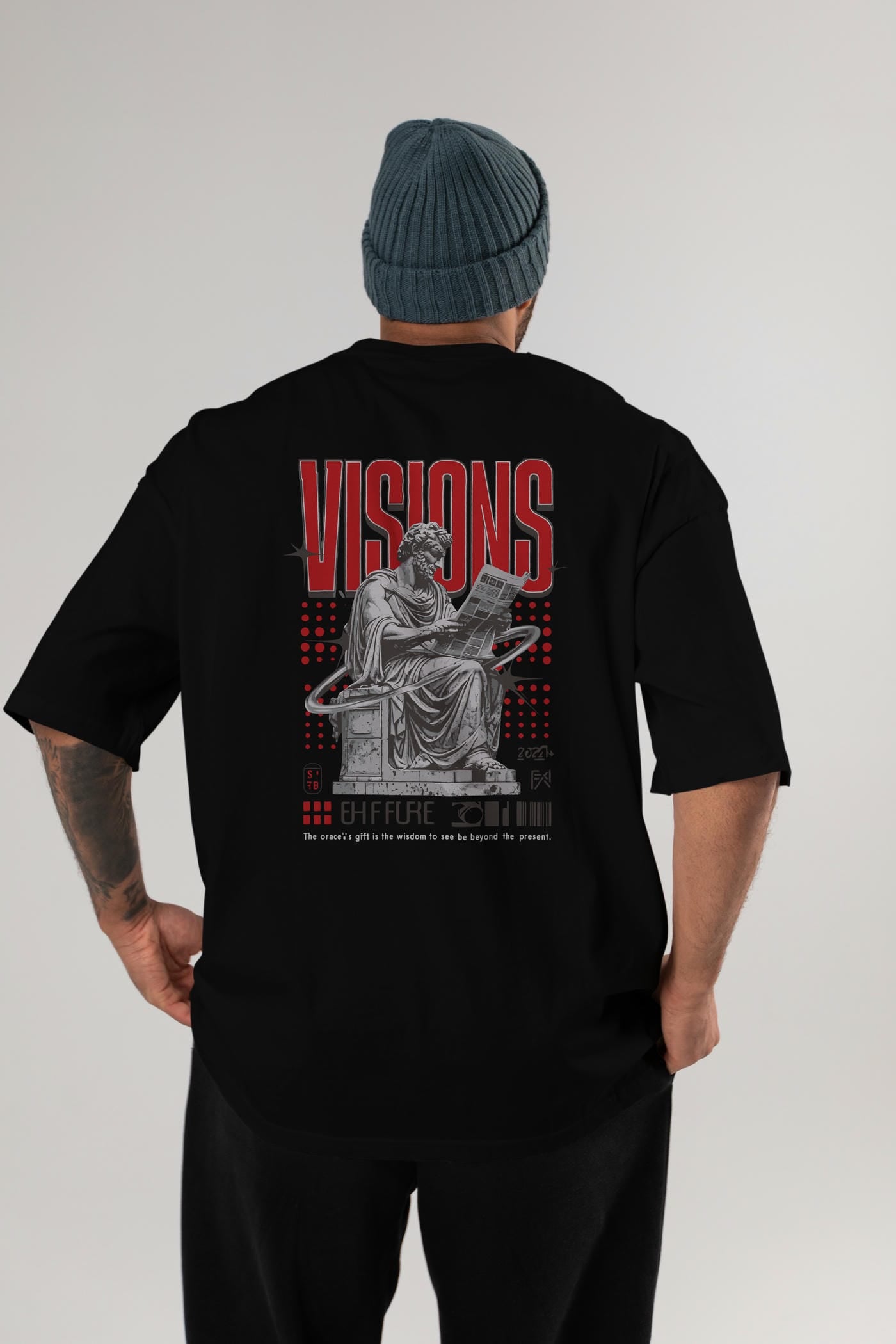 Visions Arka Baskılı Oversize t-shirt Erkek Kadın %100 Pamuk Bisiklet Yaka tişort