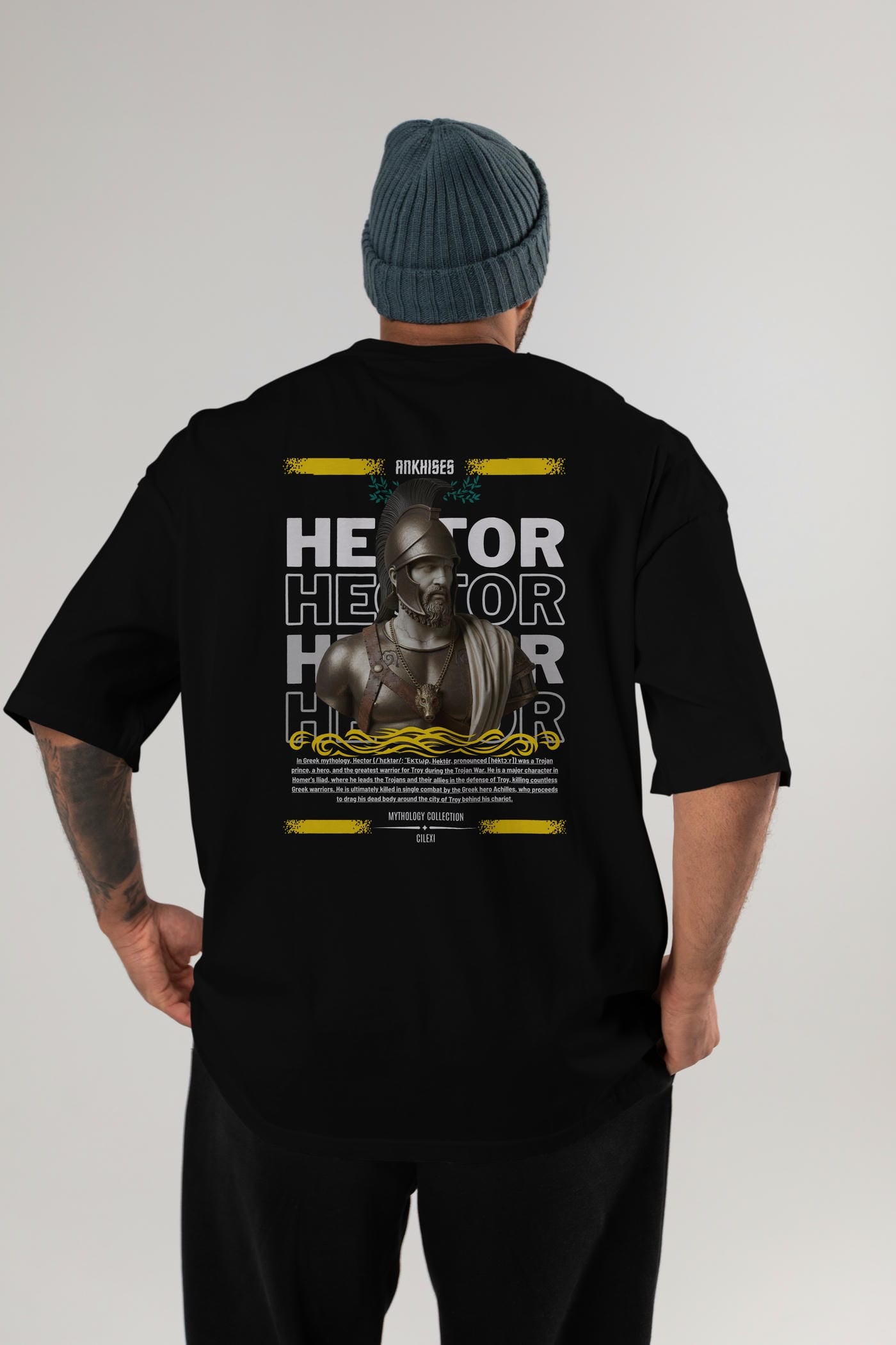 Hector 2 Arka Baskılı Oversize t-shirt Erkek Kadın %100 Pamuk Bisiklet Yaka tişort