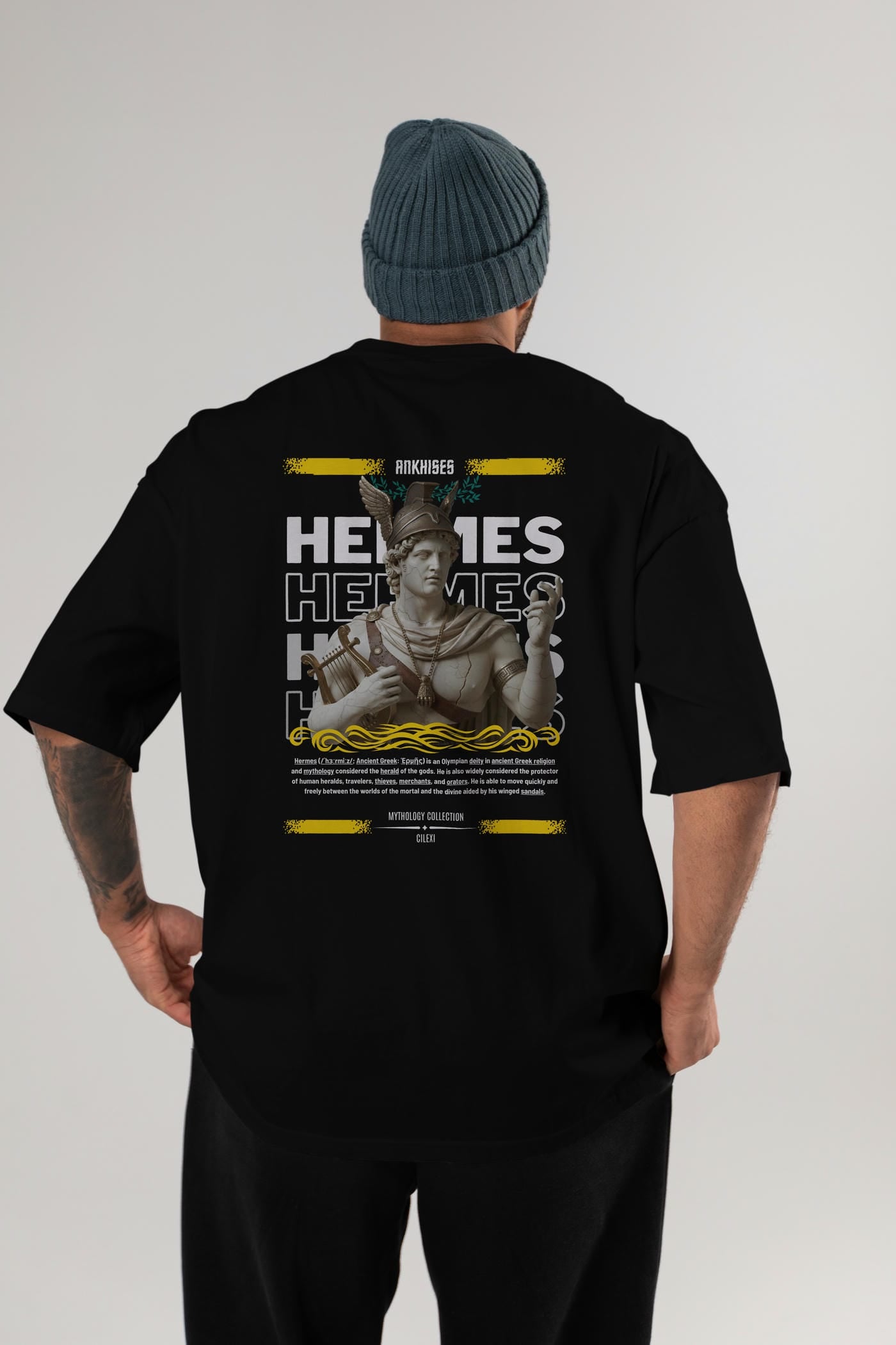 Hermes 2 Arka Baskılı Oversize t-shirt Erkek Kadın %100 Pamuk Bisiklet Yaka tişort