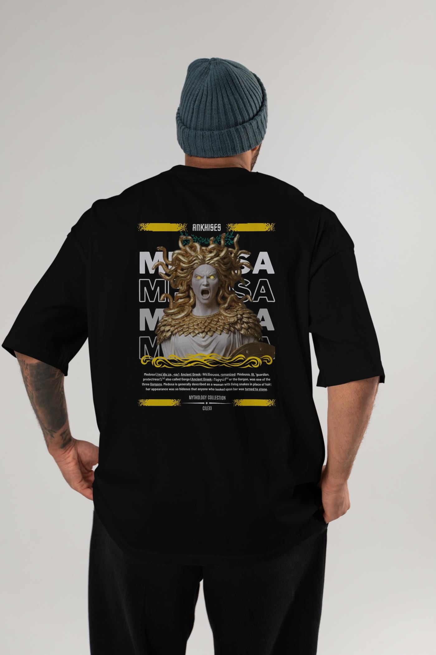 Medusa 1 Arka Baskılı Oversize t-shirt Erkek Kadın %100 Pamuk Bisiklet Yaka tişort