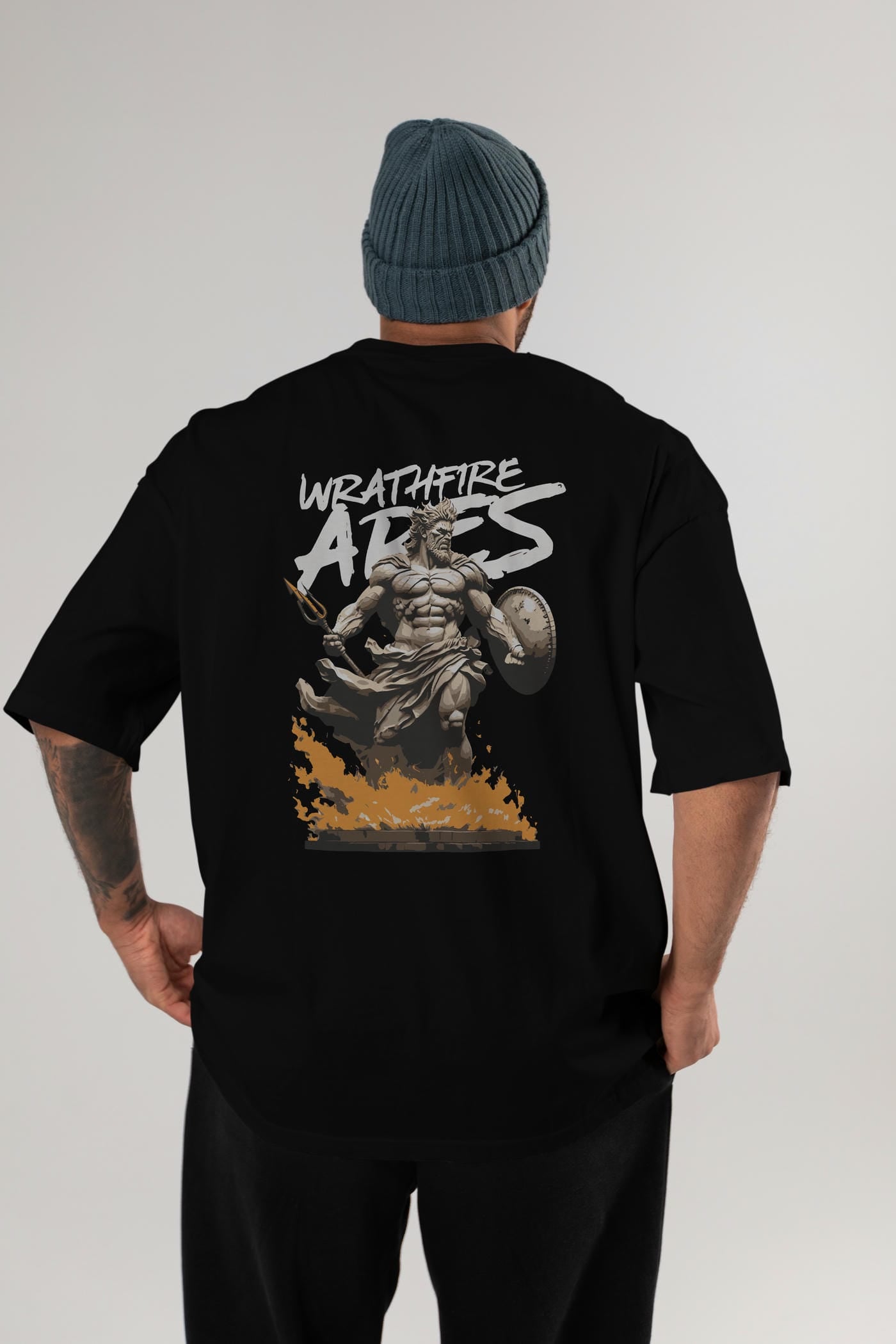 WrathFire Ares Arka Baskılı Oversize t-shirt Erkek Kadın %100 Pamuk Bisiklet Yaka tişort