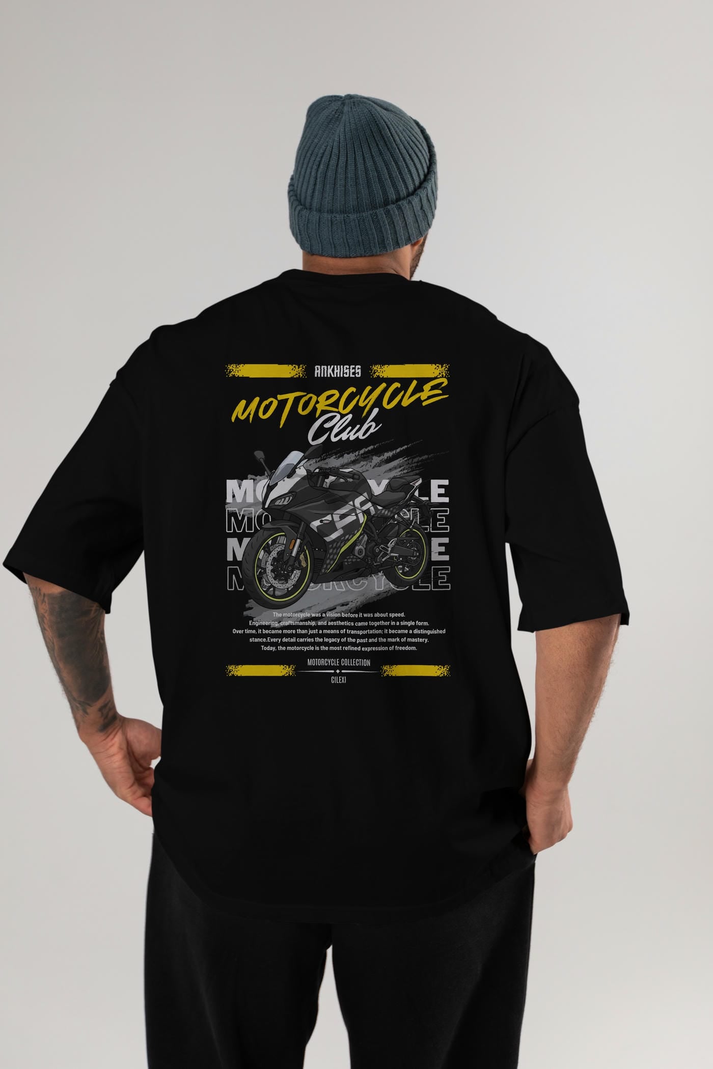 Motosiklet Serisi 16 Arka Baskılı Oversize t-shirt Erkek Kadın %100 Pamuk Bisiklet Yaka tişort
