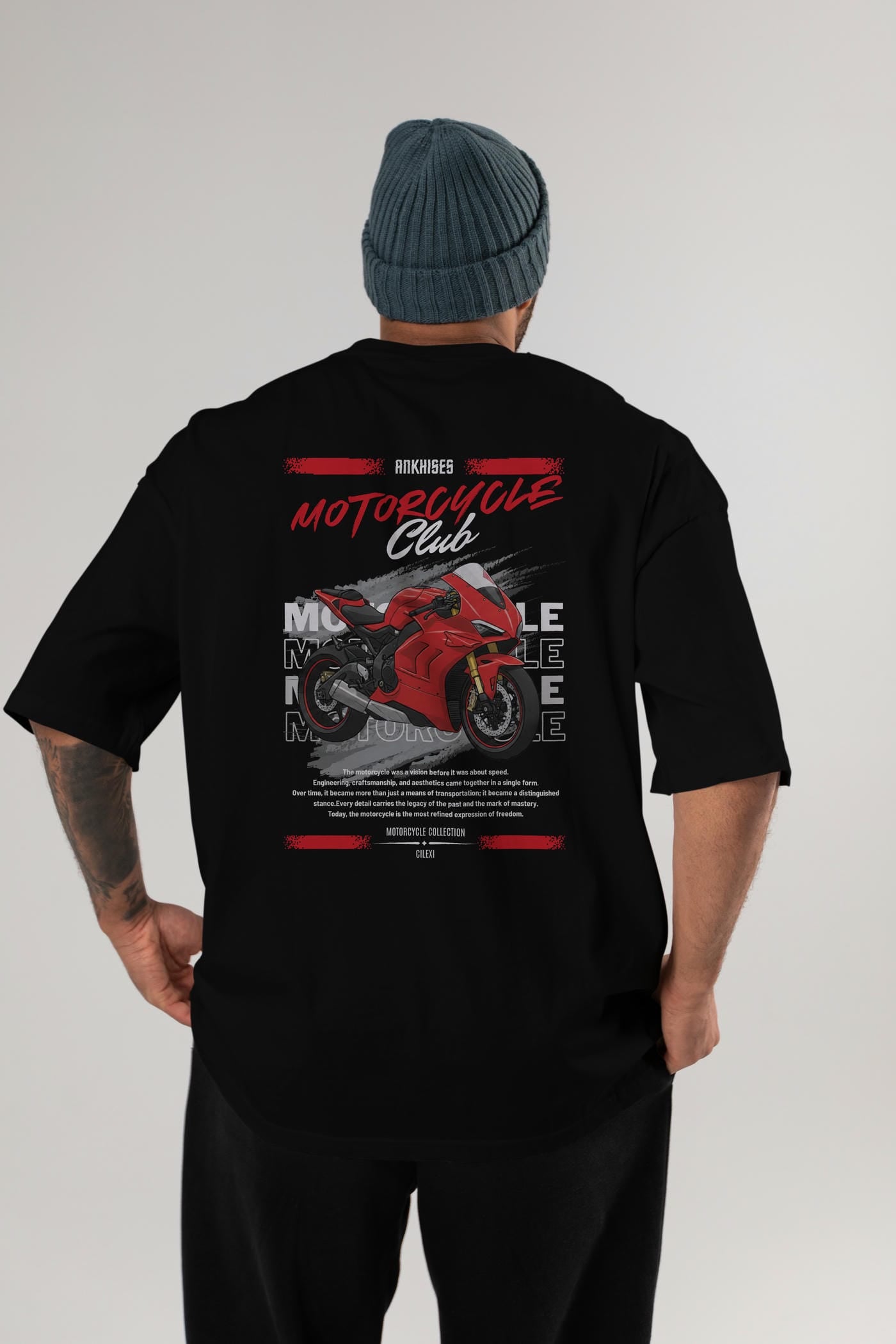 Motosiklet Serisi 7 Arka Baskılı Oversize t-shirt Erkek Kadın %100 Pamuk Bisiklet Yaka tişort