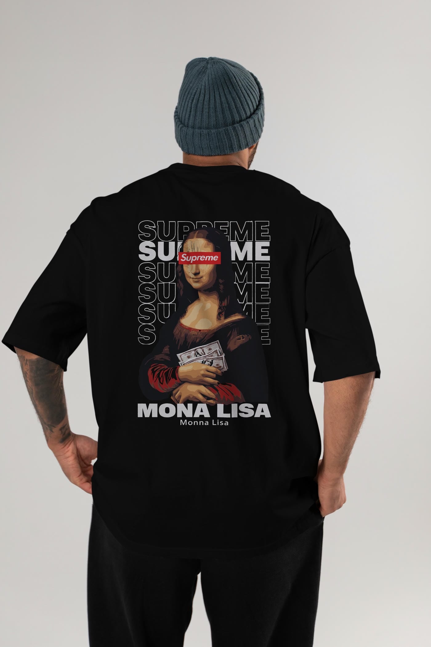 Mona Lisa Supreme Arka Baskılı Oversize t-shirt Erkek Kadın %100 Pamuk Bisiklet Yaka tişort