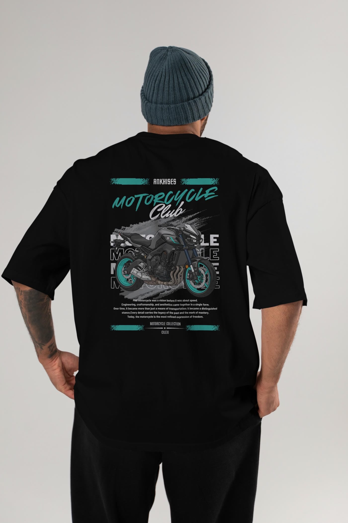 Motosiklet Serisi 21 Arka Baskılı Oversize t-shirt Erkek Kadın %100 Pamuk Bisiklet Yaka tişort