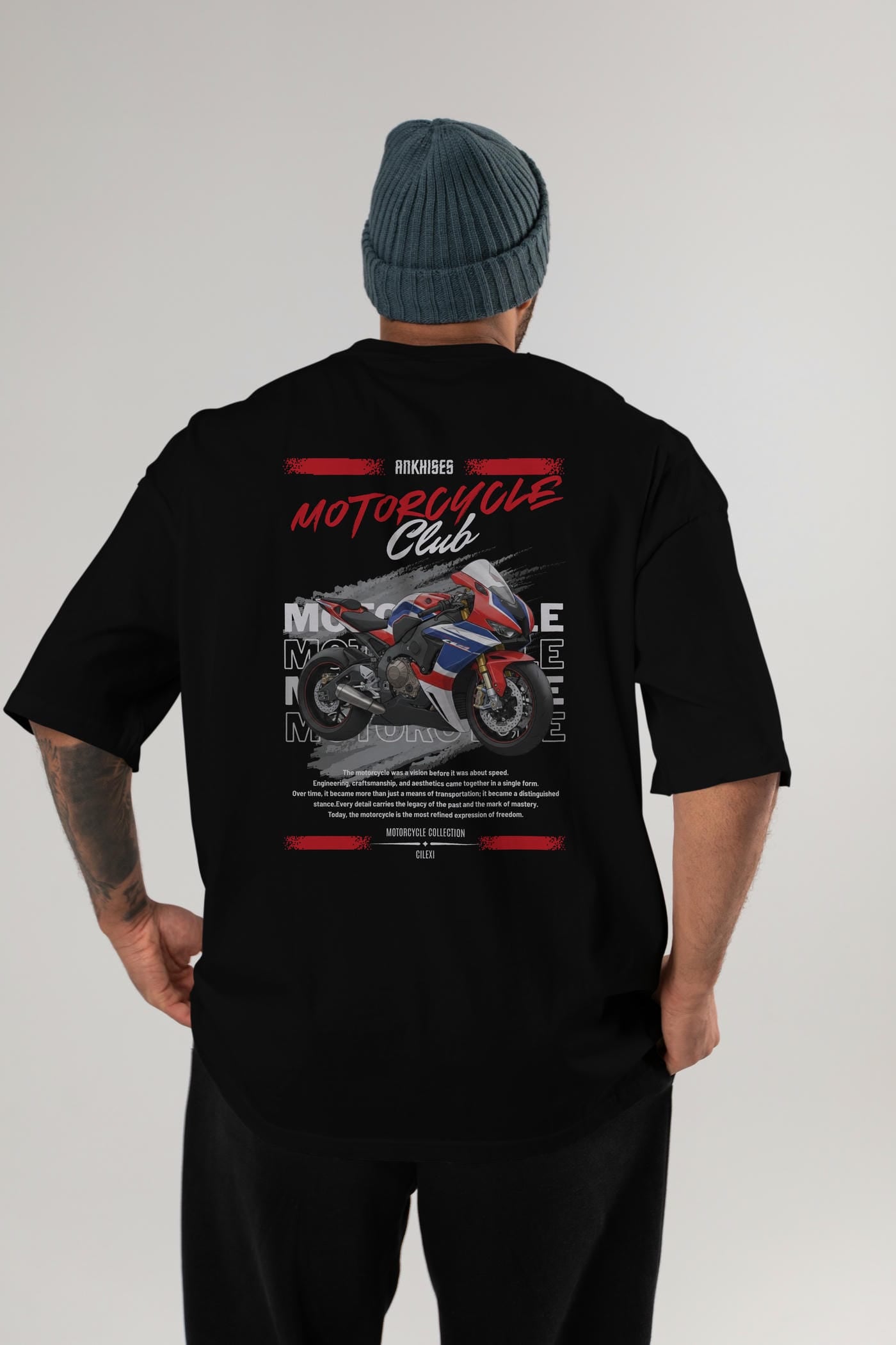 Motosiklet Serisi 3 Arka Baskılı Oversize t-shirt Erkek Kadın %100 Pamuk Bisiklet Yaka tişort