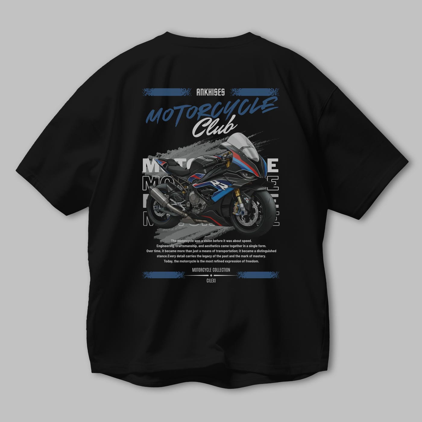 Motosiklet Serisi 1 Arka Baskılı Oversize t-shirt Erkek Kadın %100 Pamuk Bisiklet Yaka tişort
