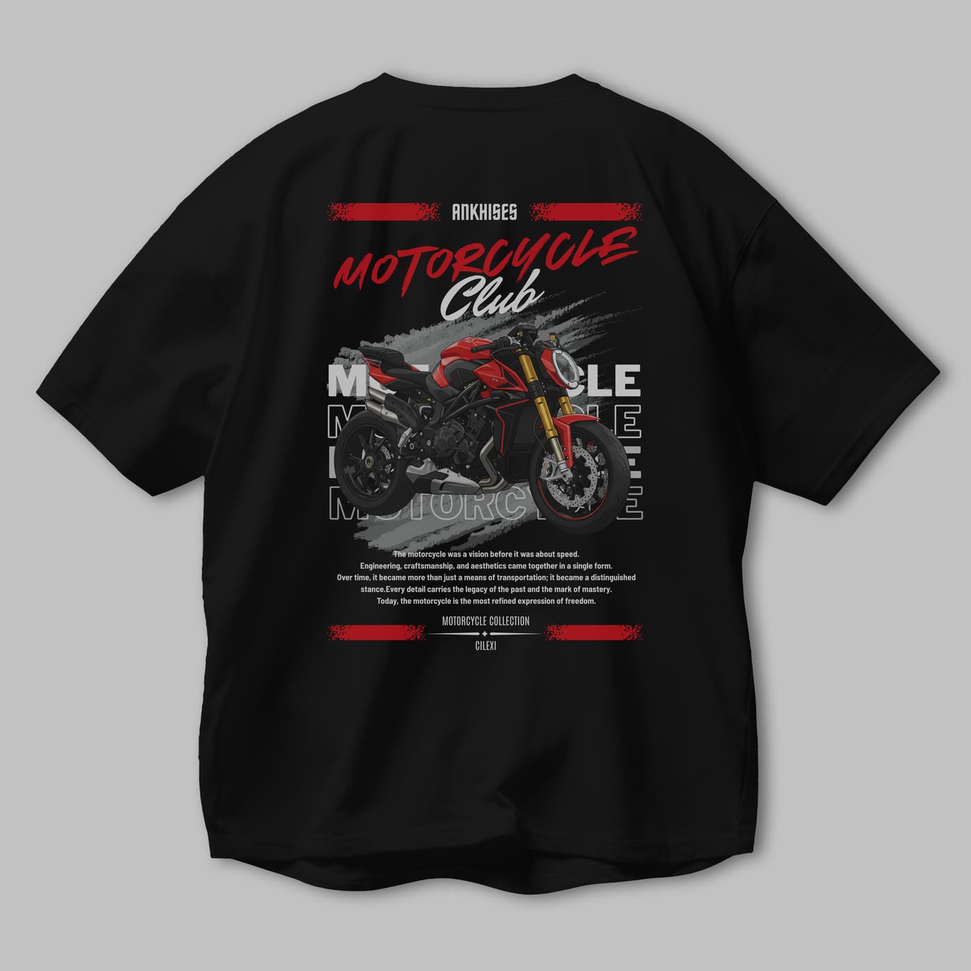 Motosiklet Serisi 26 Arka Baskılı Oversize t-shirt Erkek Kadın %100 Pamuk Bisiklet Yaka tişort