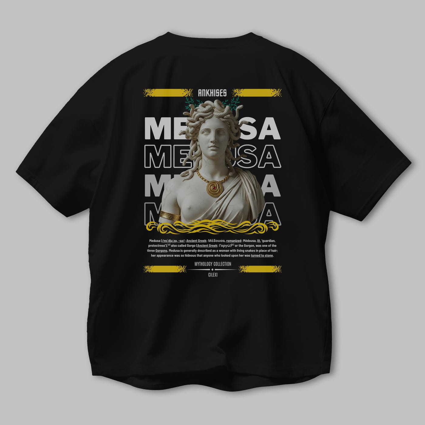 Medusa 3 Arka Baskılı Oversize t-shirt Erkek Kadın %100 Pamuk Bisiklet Yaka tişort