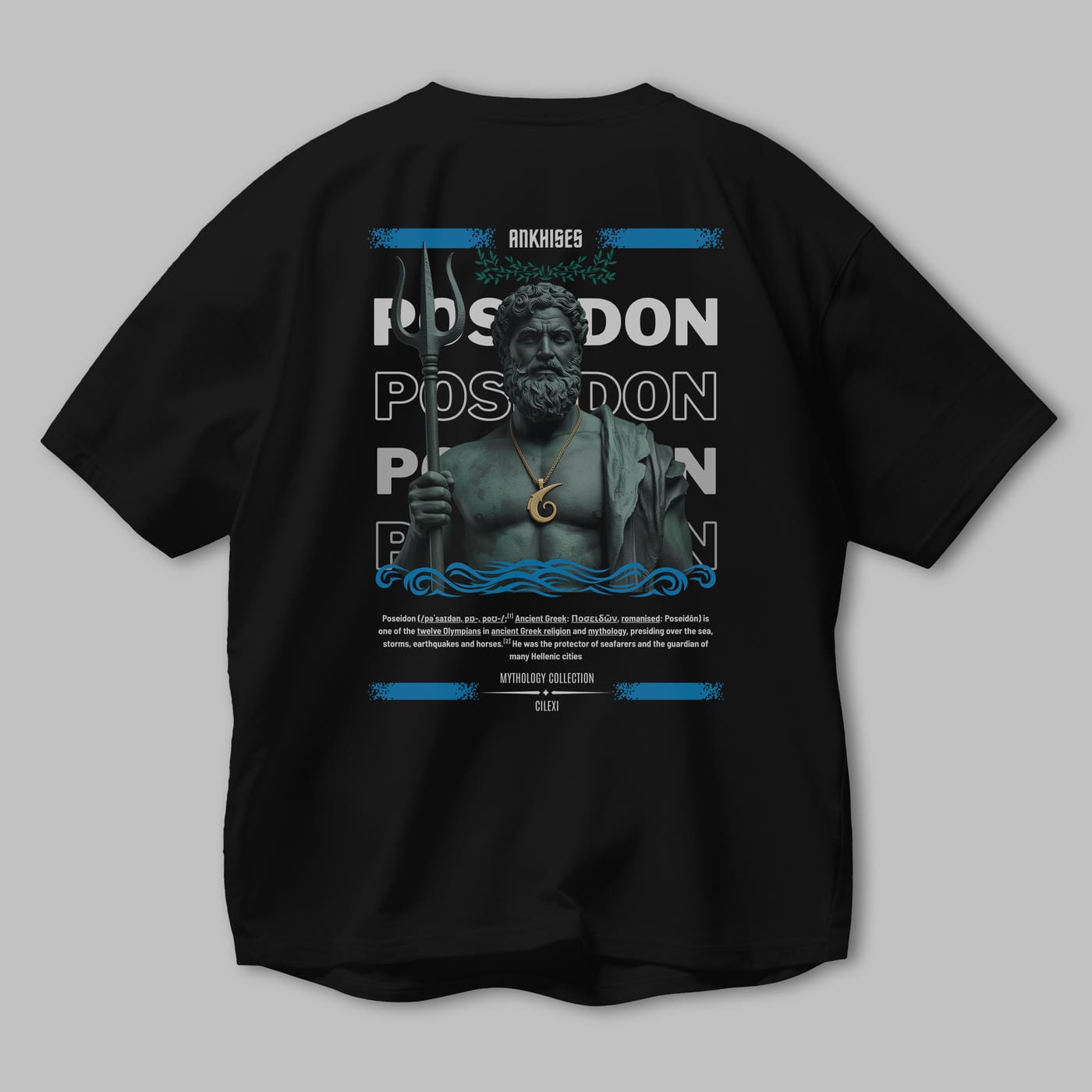 Poseidon 1 Arka Baskılı Oversize t-shirt Erkek Kadın %100 Pamuk Bisiklet Yaka tişort