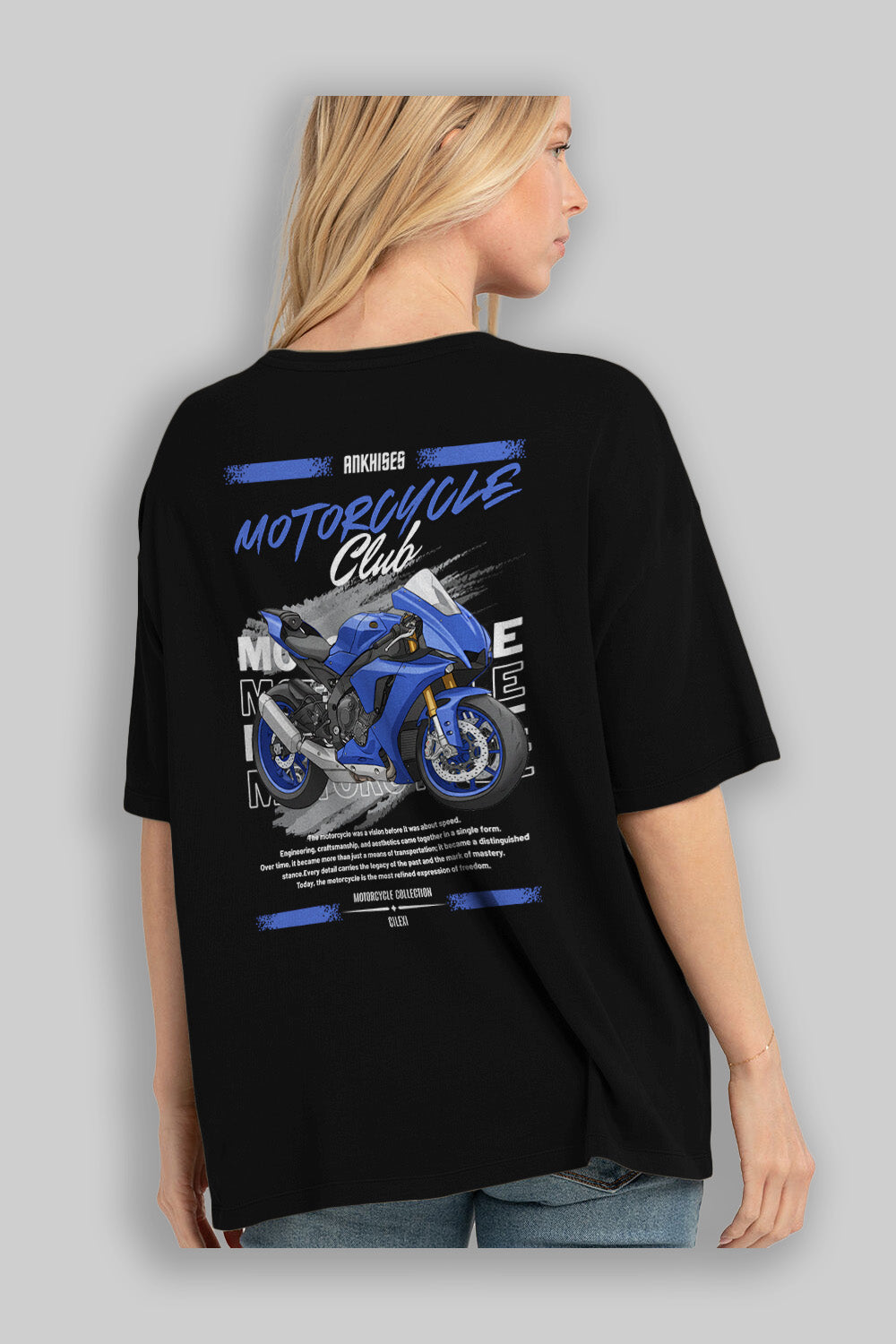 Motosiklet Serisi 31 Arka Baskılı Oversize t-shirt Erkek Kadın %100 Pamuk Bisiklet Yaka tişort