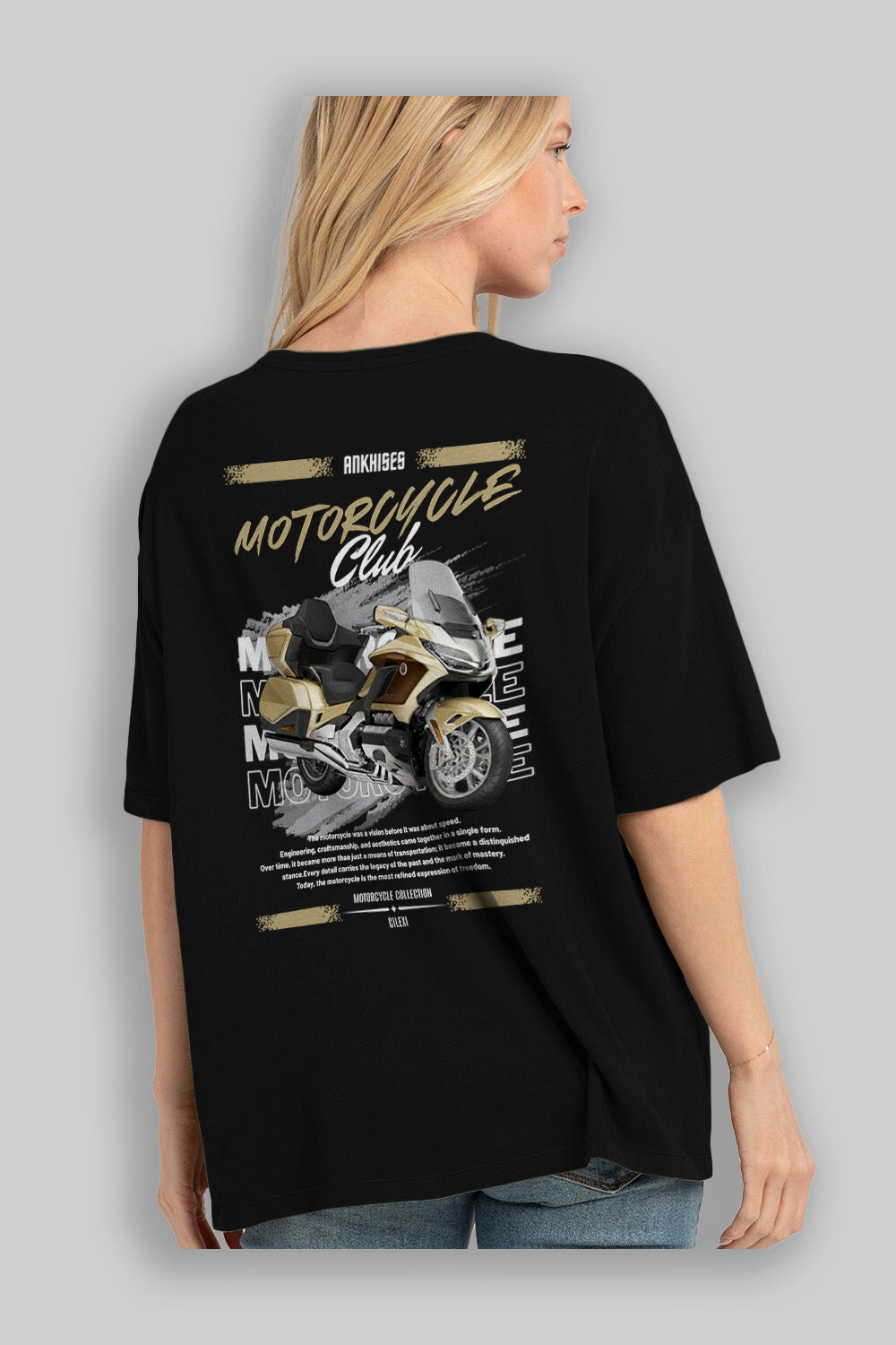 Motosiklet Serisi 28 Arka Baskılı Oversize t-shirt Erkek Kadın %100 Pamuk Bisiklet Yaka tişort