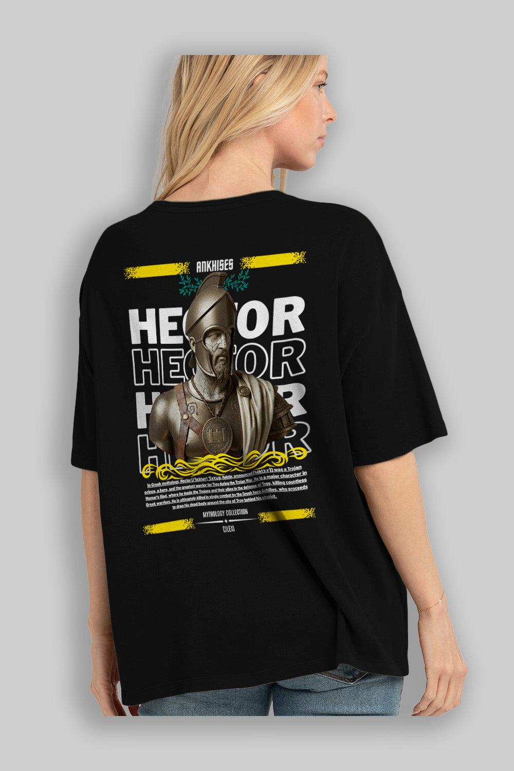 Hector 1 Arka Baskılı Oversize t-shirt Erkek Kadın %100 Pamuk Bisiklet Yaka tişort