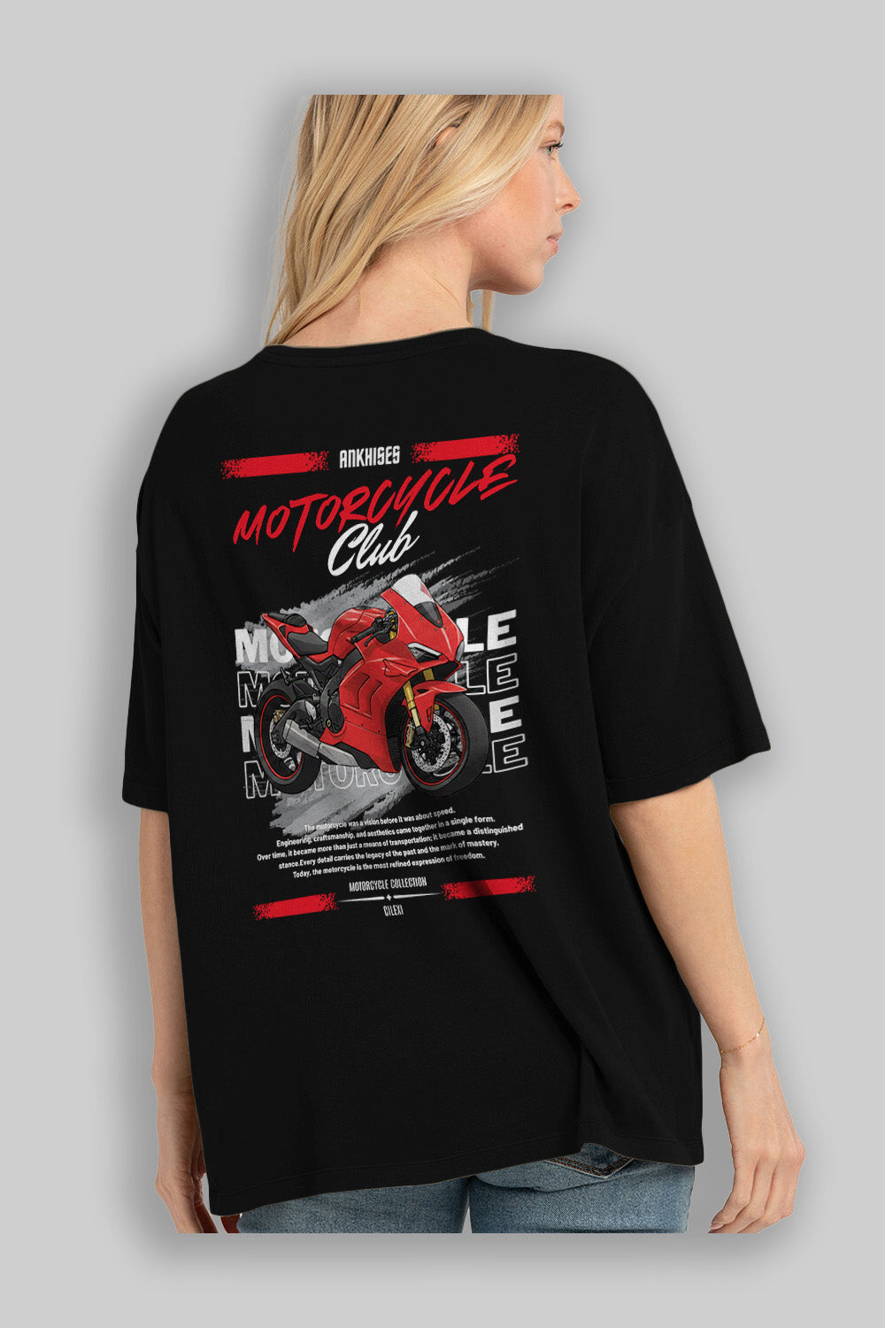 Motosiklet Serisi 7 Arka Baskılı Oversize t-shirt Erkek Kadın %100 Pamuk Bisiklet Yaka tişort