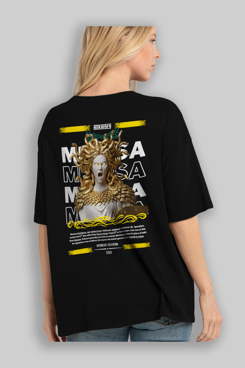 Medusa 1 Arka Baskılı Oversize t-shirt Erkek Kadın %100 Pamuk Bisiklet Yaka tişort