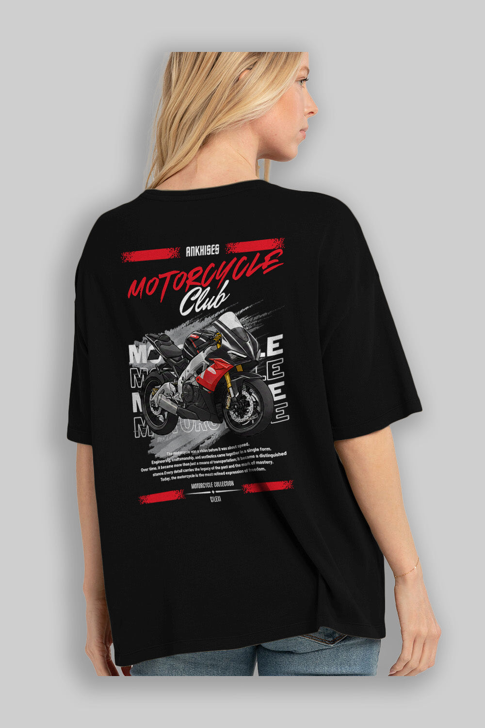 Motosiklet Serisi 8 Arka Baskılı Oversize t-shirt Erkek Kadın %100 Pamuk Bisiklet Yaka tişort