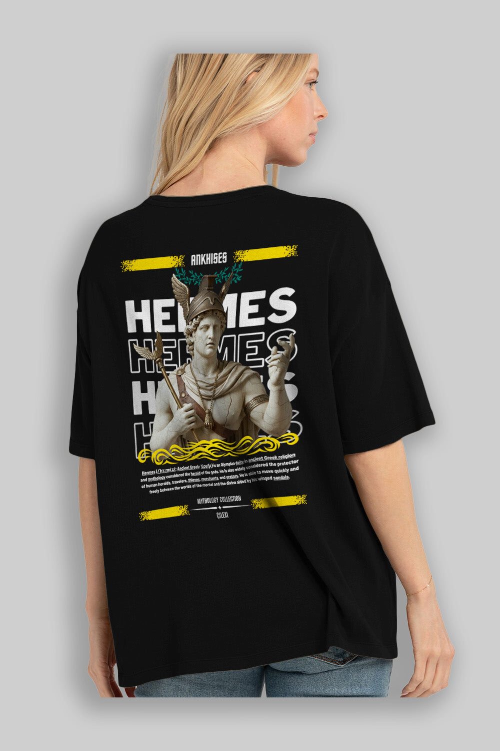 Hermes 1 Arka Baskılı Oversize t-shirt Erkek Kadın %100 Pamuk Bisiklet Yaka tişort