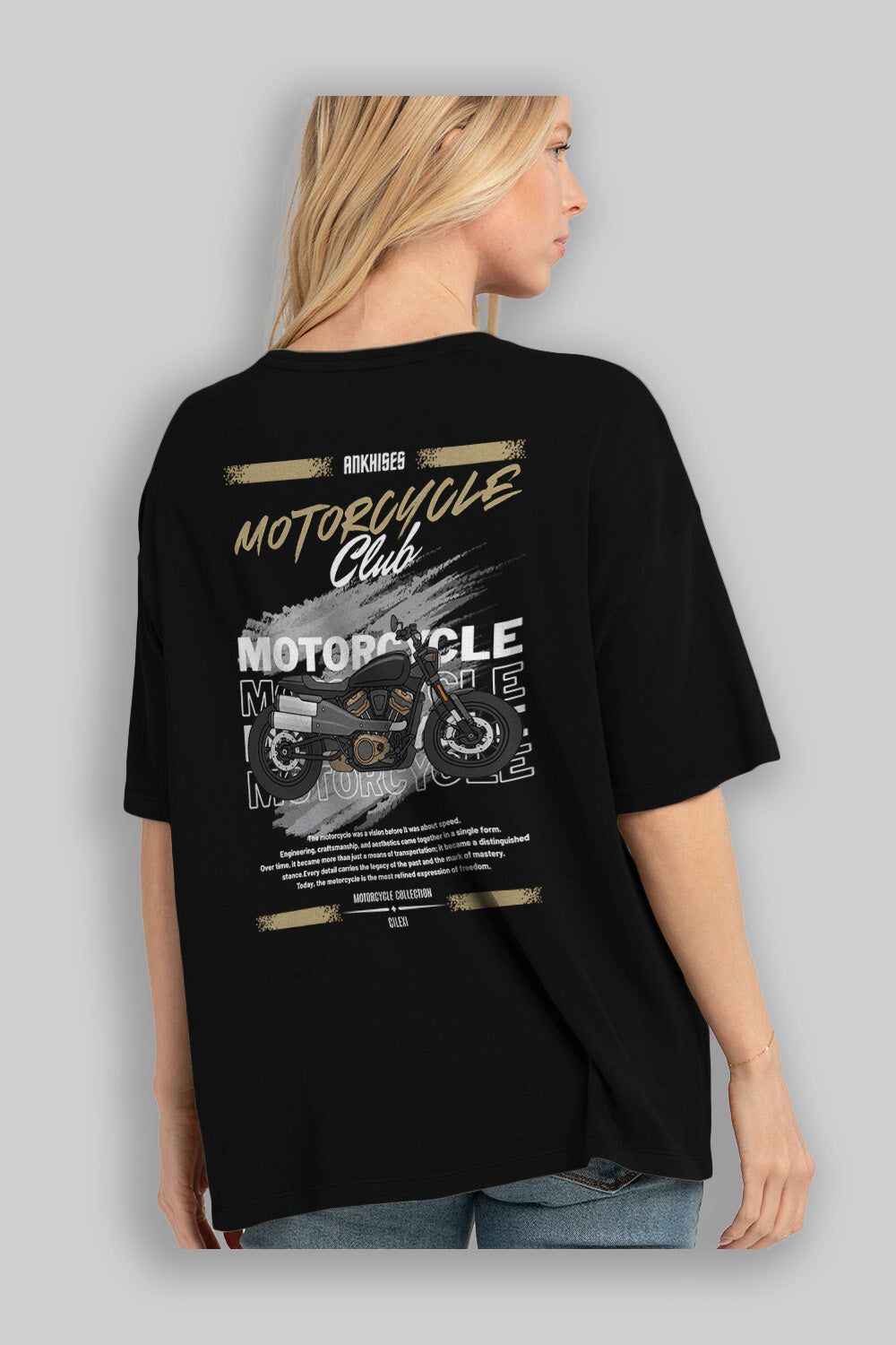 Motosiklet Serisi 29 Arka Baskılı Oversize t-shirt Erkek Kadın %100 Pamuk Bisiklet Yaka tişort