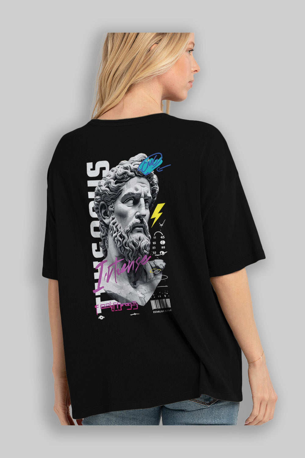 Zeus Intense Arka Baskılı Oversize t-shirt Erkek Kadın %100 Pamuk Bisiklet Yaka tişort