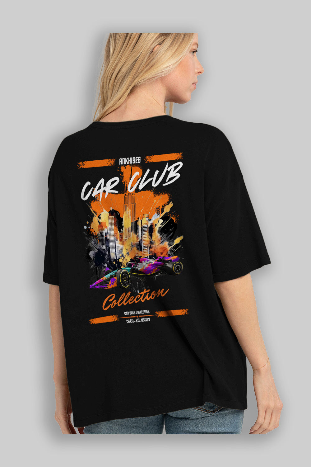 Araba Club Serisi 12 Baskılı Oversize t-shirt Erkek Kadın %100 Pamuk Bisiklet Yaka tişort