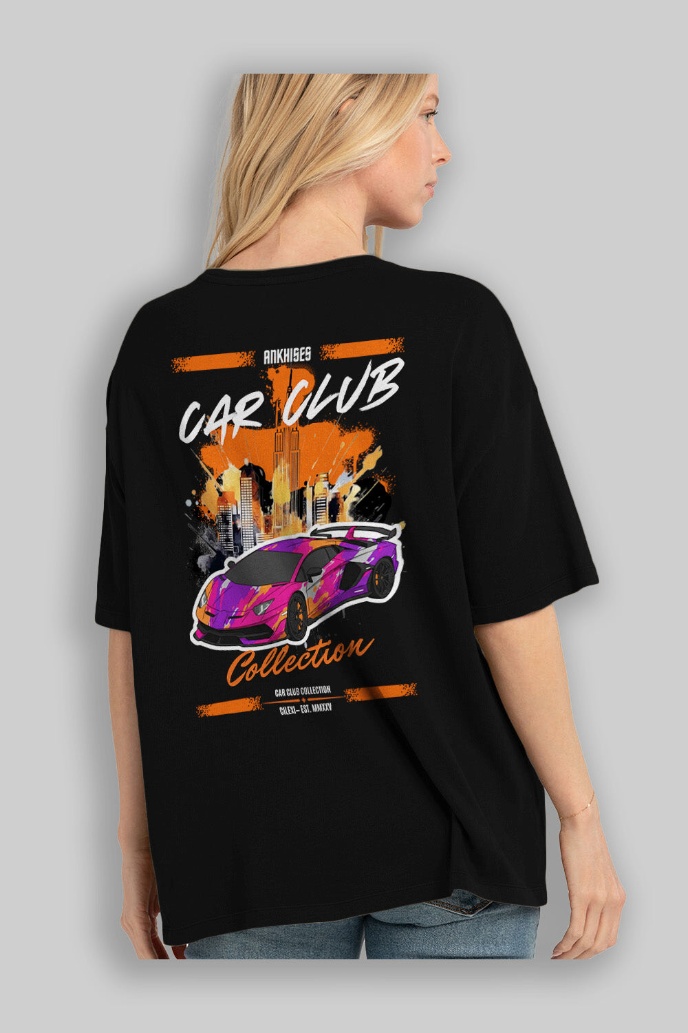 Araba Club Serisi 28 Baskılı Oversize t-shirt Erkek Kadın %100 Pamuk Bisiklet Yaka tişort