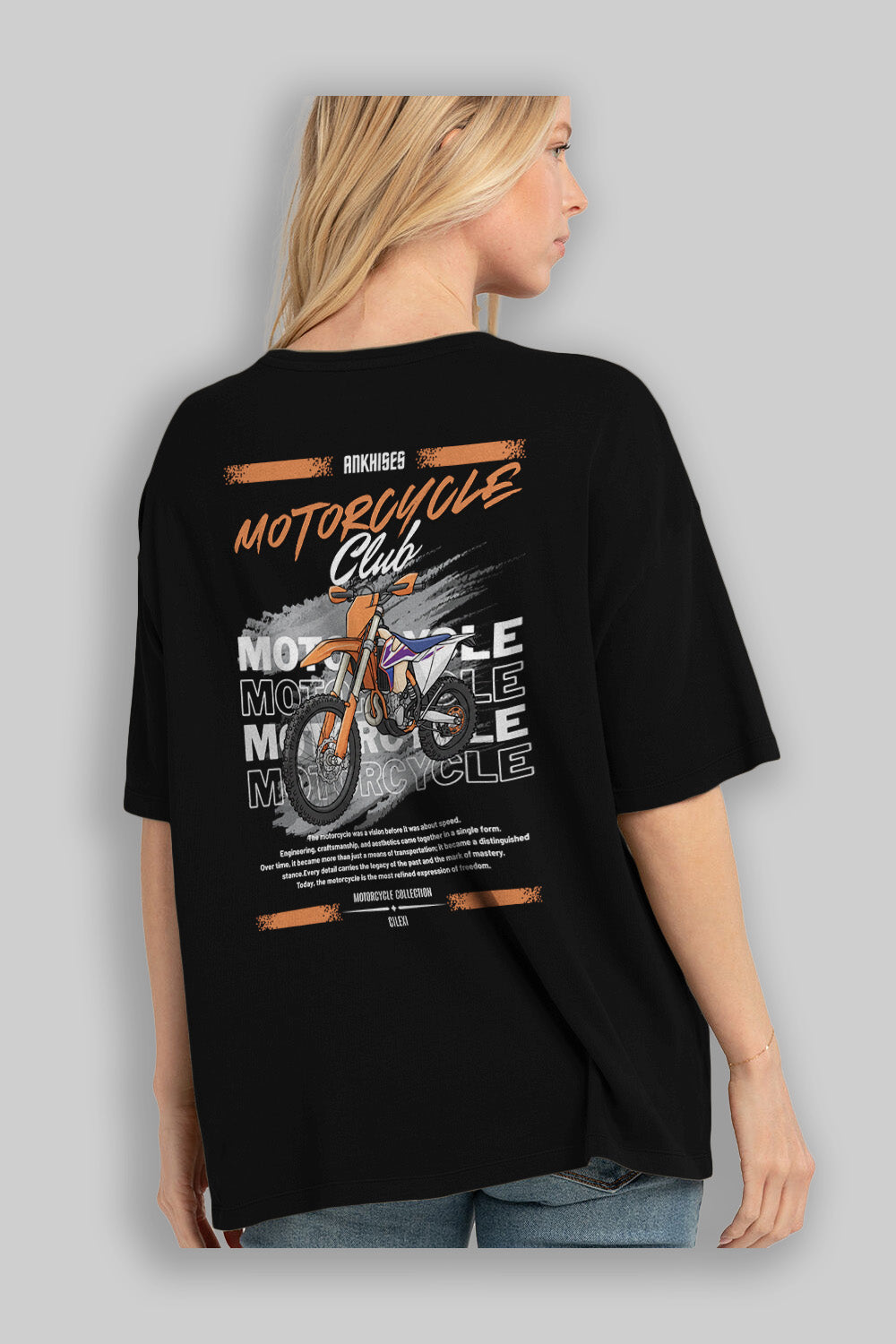 Motosiklet Serisi 19 Arka Baskılı Oversize t-shirt Erkek Kadın %100 Pamuk Bisiklet Yaka tişort