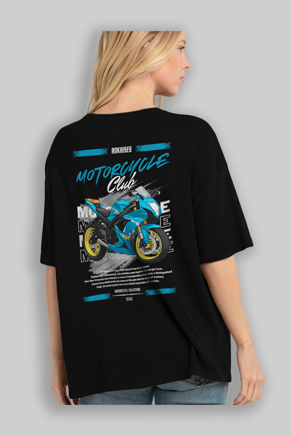 Motosiklet Serisi 11 Arka Baskılı Oversize t-shirt Erkek Kadın %100 Pamuk Bisiklet Yaka tişort