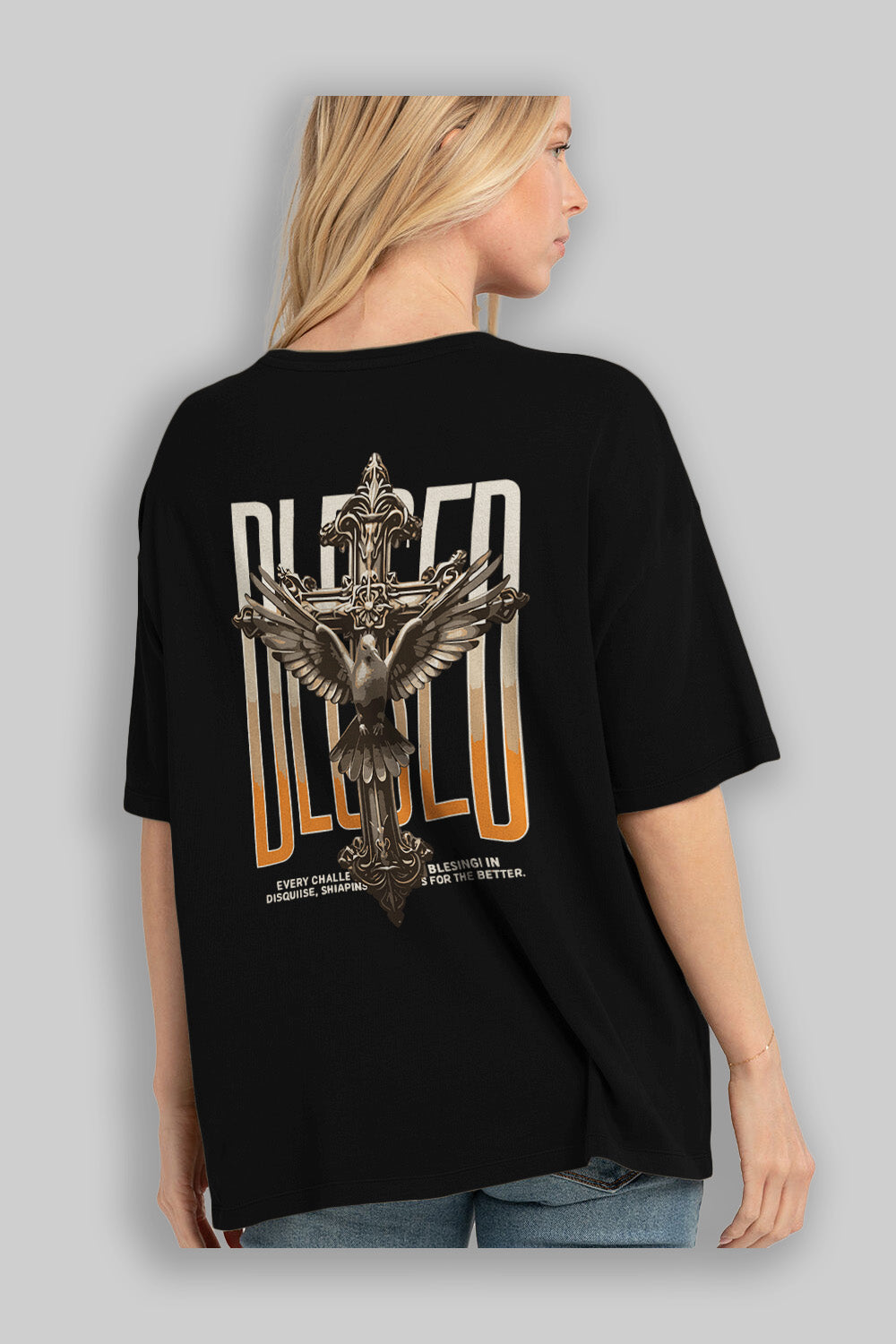 Blesed Arka Baskılı Oversize t-shirt Erkek Kadın %100 Pamuk Bisiklet Yaka tişort