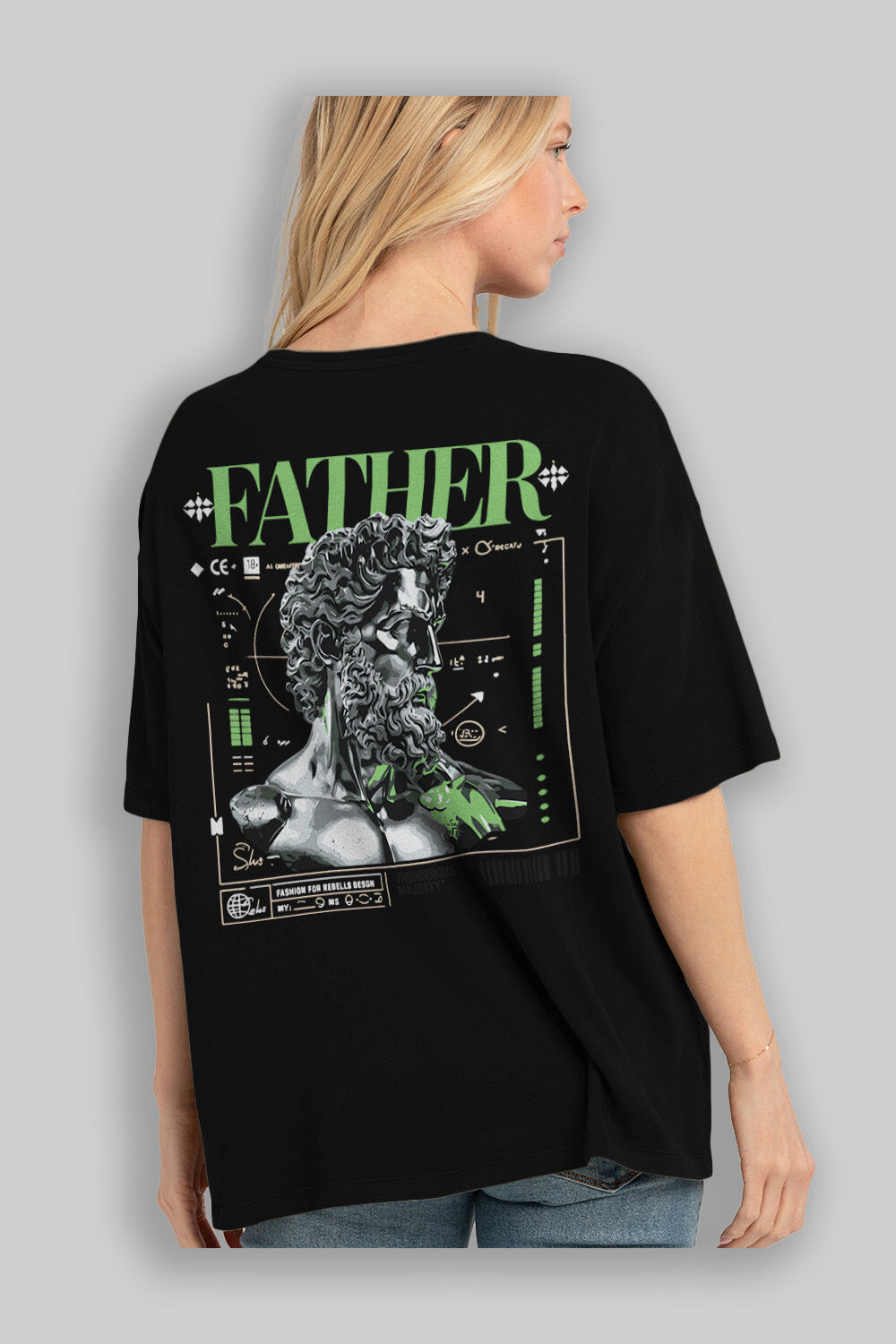Father Zeus Arka Baskılı Oversize t-shirt Erkek Kadın %100 Pamuk Bisiklet Yaka tişort