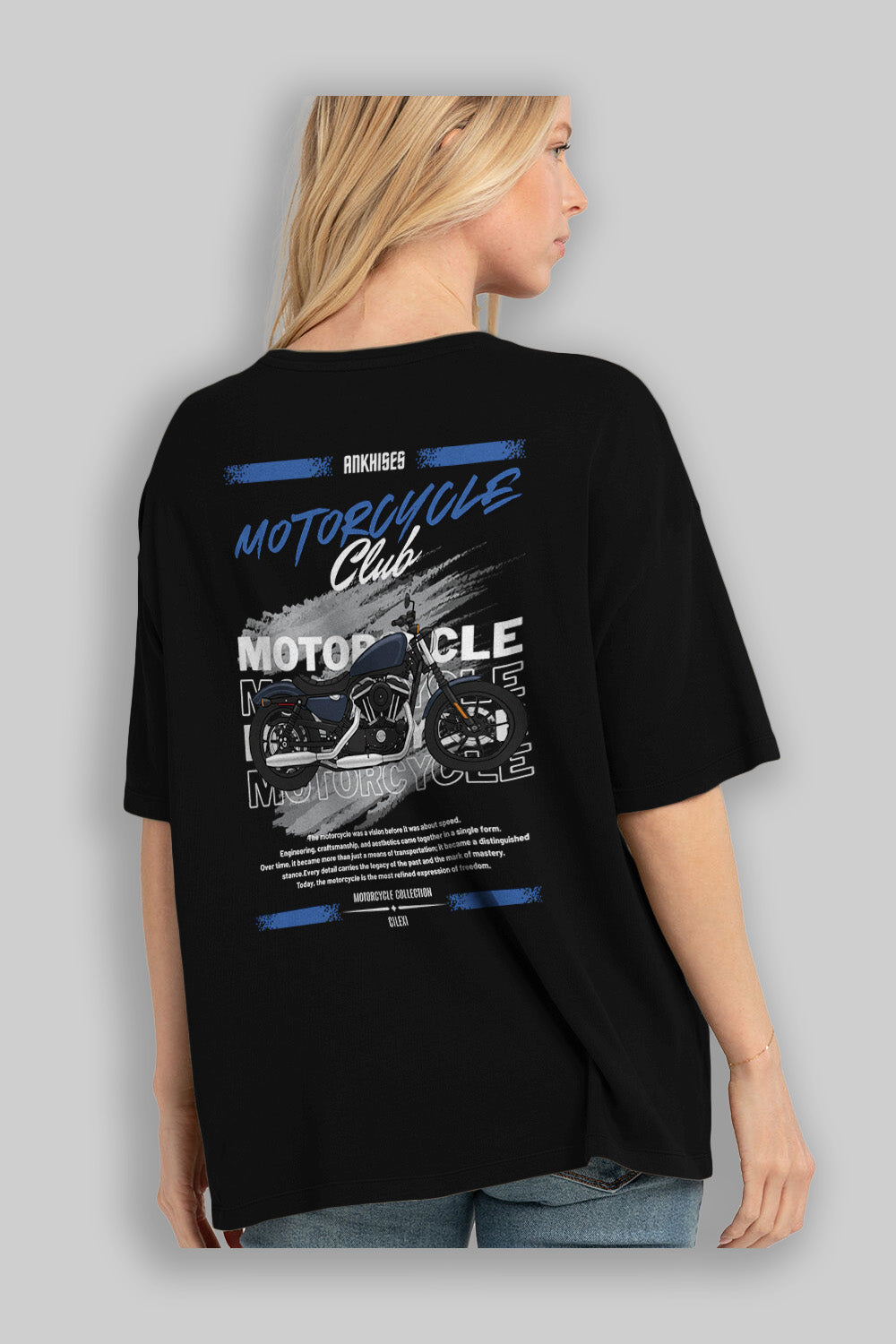 Motosiklet Serisi 30 Arka Baskılı Oversize t-shirt Erkek Kadın %100 Pamuk Bisiklet Yaka tişort