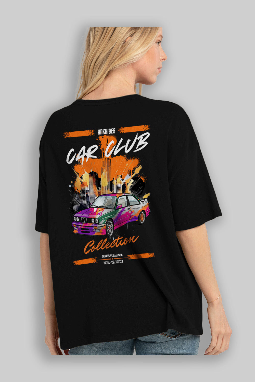 Araba Club Serisi 15 Baskılı Oversize t-shirt Erkek Kadın %100 Pamuk Bisiklet Yaka tişort