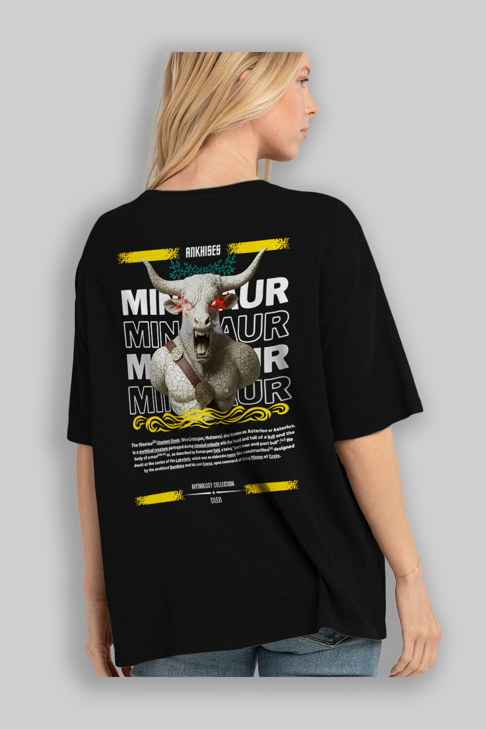 Minotaur 2 Arka Baskılı Oversize t-shirt Erkek Kadın %100 Pamuk Bisiklet Yaka tişort