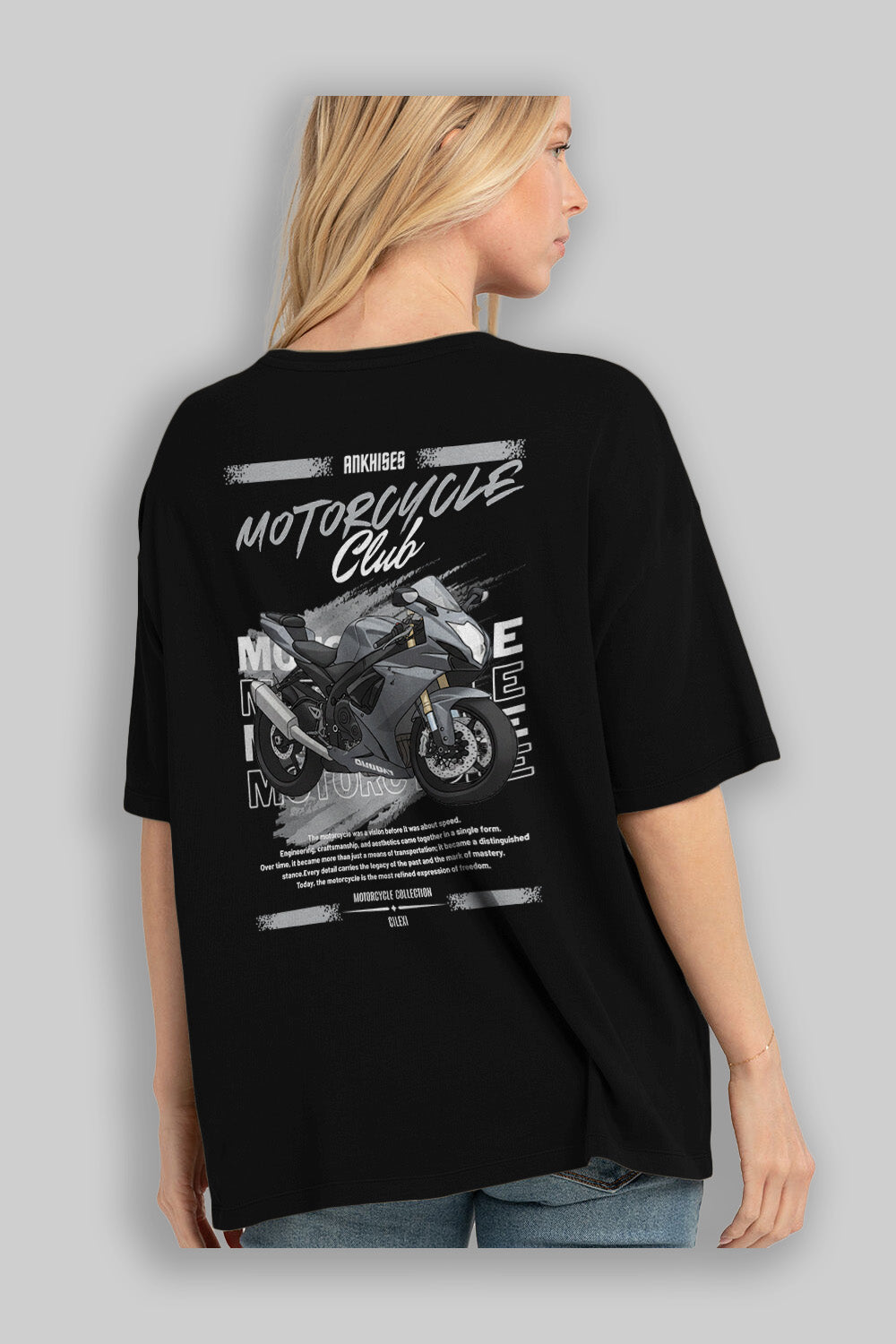 Motosiklet Serisi 10 Arka Baskılı Oversize t-shirt Erkek Kadın %100 Pamuk Bisiklet Yaka tişort