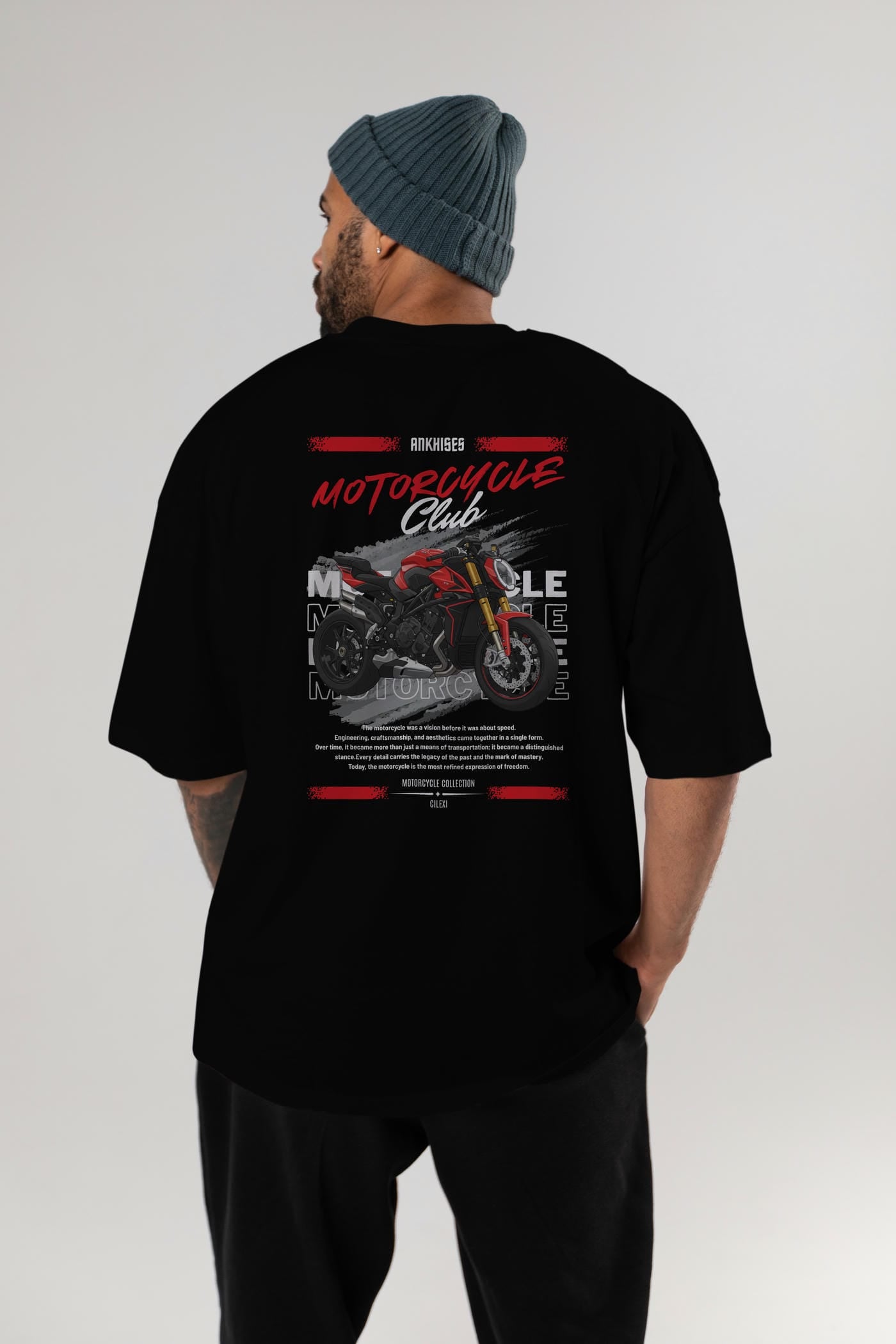 Motosiklet Serisi 26 Arka Baskılı Oversize t-shirt Erkek Kadın %100 Pamuk Bisiklet Yaka tişort